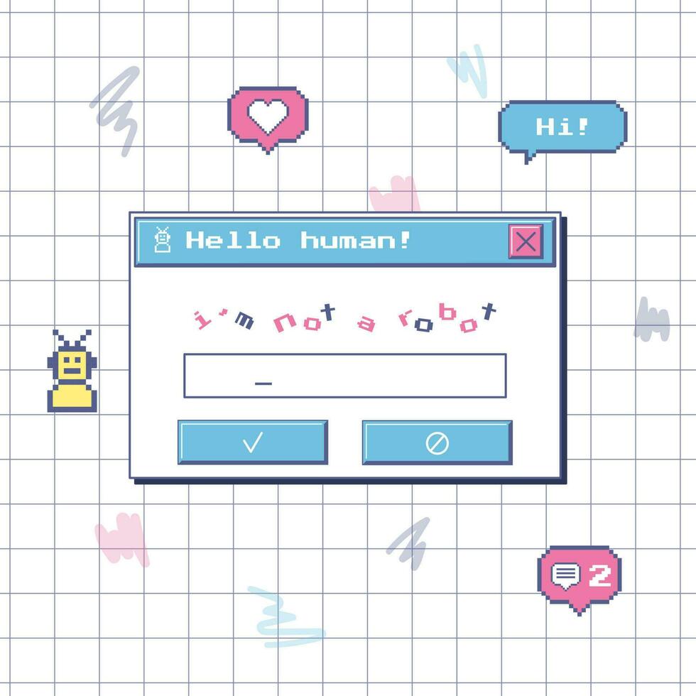 ein Dialog Box mit ein Roboter überprüfen. ein Captcha Fenster im Stil von ein alt Computer. nostalgisch retro 90er Jahre Benutzer Schnittstelle. Pixel Aufkleber mit Symbole. Vektor Illustration auf ein Notizbuch Blatt im ein Käfig.