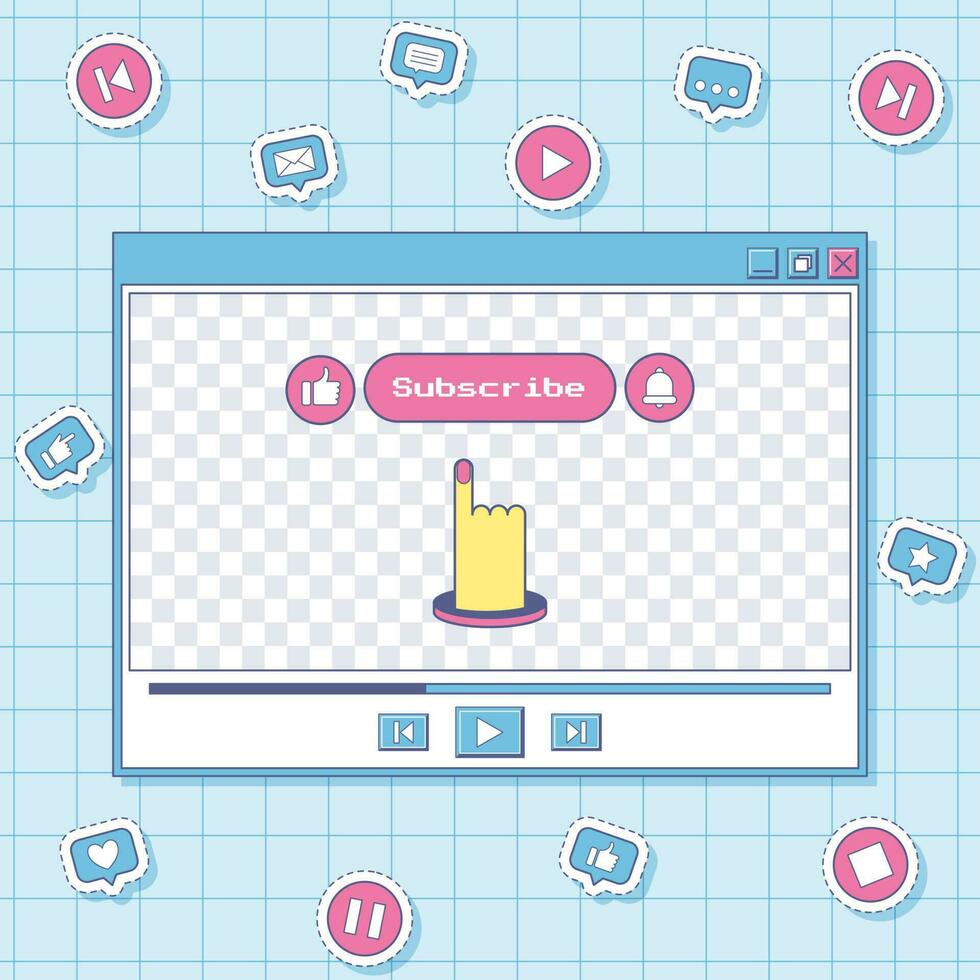 de spelare fönster med knappar. retro ui design. estetik av de användare gränssnitt av ett gammal dator. y2k dekorativ klistermärken med ikoner - spela, tycka om, klocka, kommentar, paus. vektor illustration på blå
