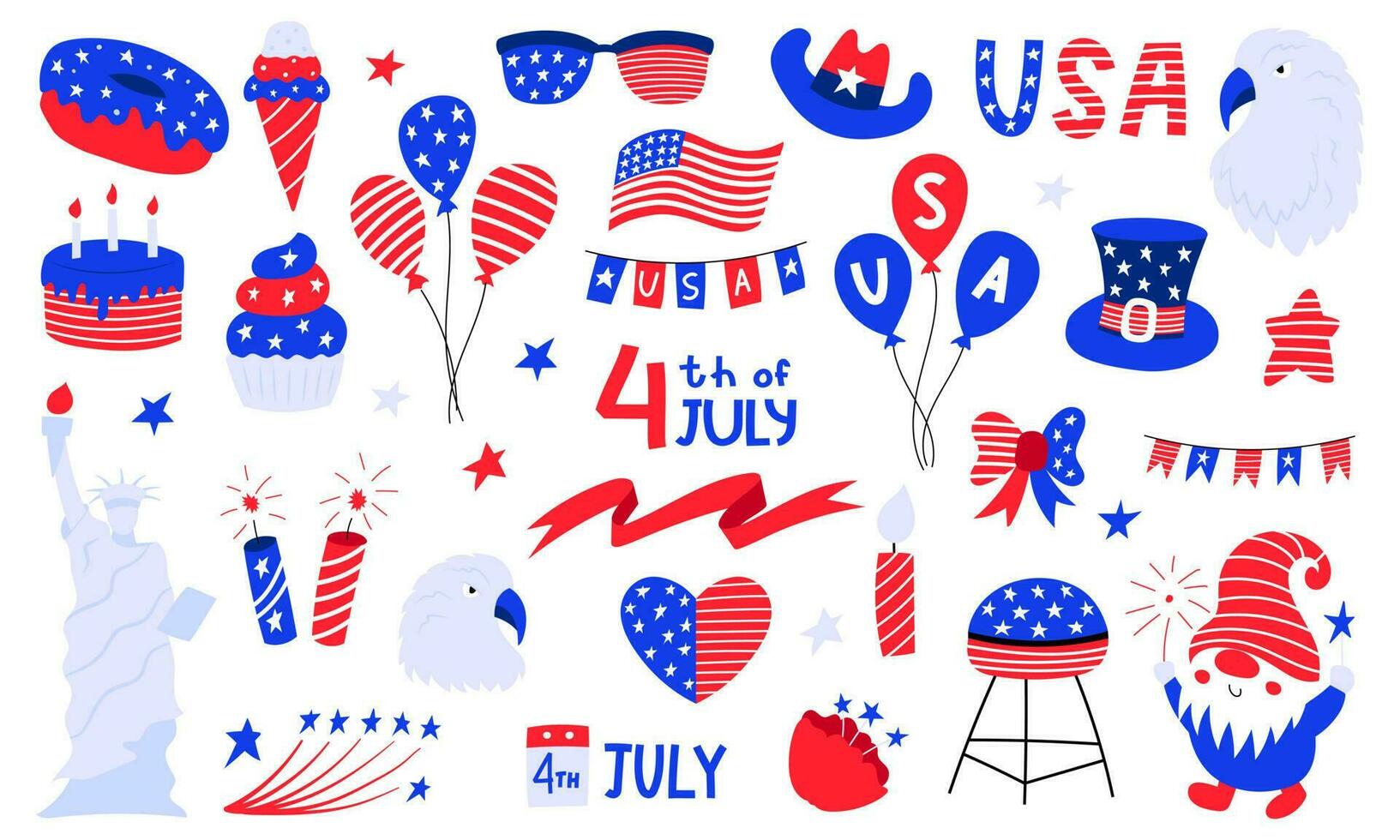 uppsättning av USA nationell symboler för oberoende dag. 4:e juli klämma konst. topp hatt, ballonger, stjärna, tomte, Örn, amerikan flagga, staty av frihet. vektor illustrationer isolerat på vit bakgrund