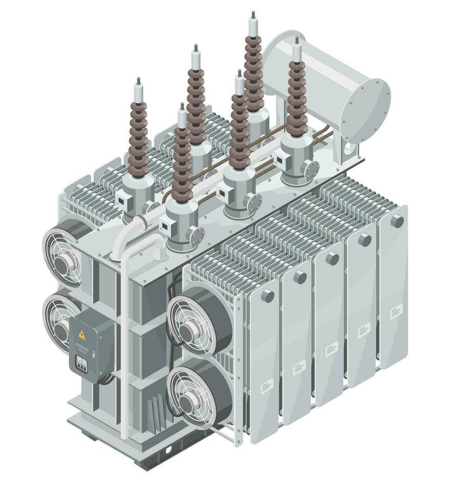 industriell Leistung Transformator isometrisch elektrisch Leistung Energie Maschine Arbeiten Konzept Karikatur isoliert Vektor