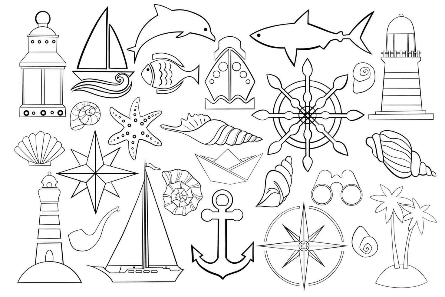 Marine dünn Linie Symbol Satz. Gliederung Netz Zeichen Kit von nautisch. Meer linear Symbole beinhaltet Anker, Knoten, Rad, Rose Wind. einfach Marine schwarz Kontur Symbol isoliert auf Weiß. Vektor Illustration