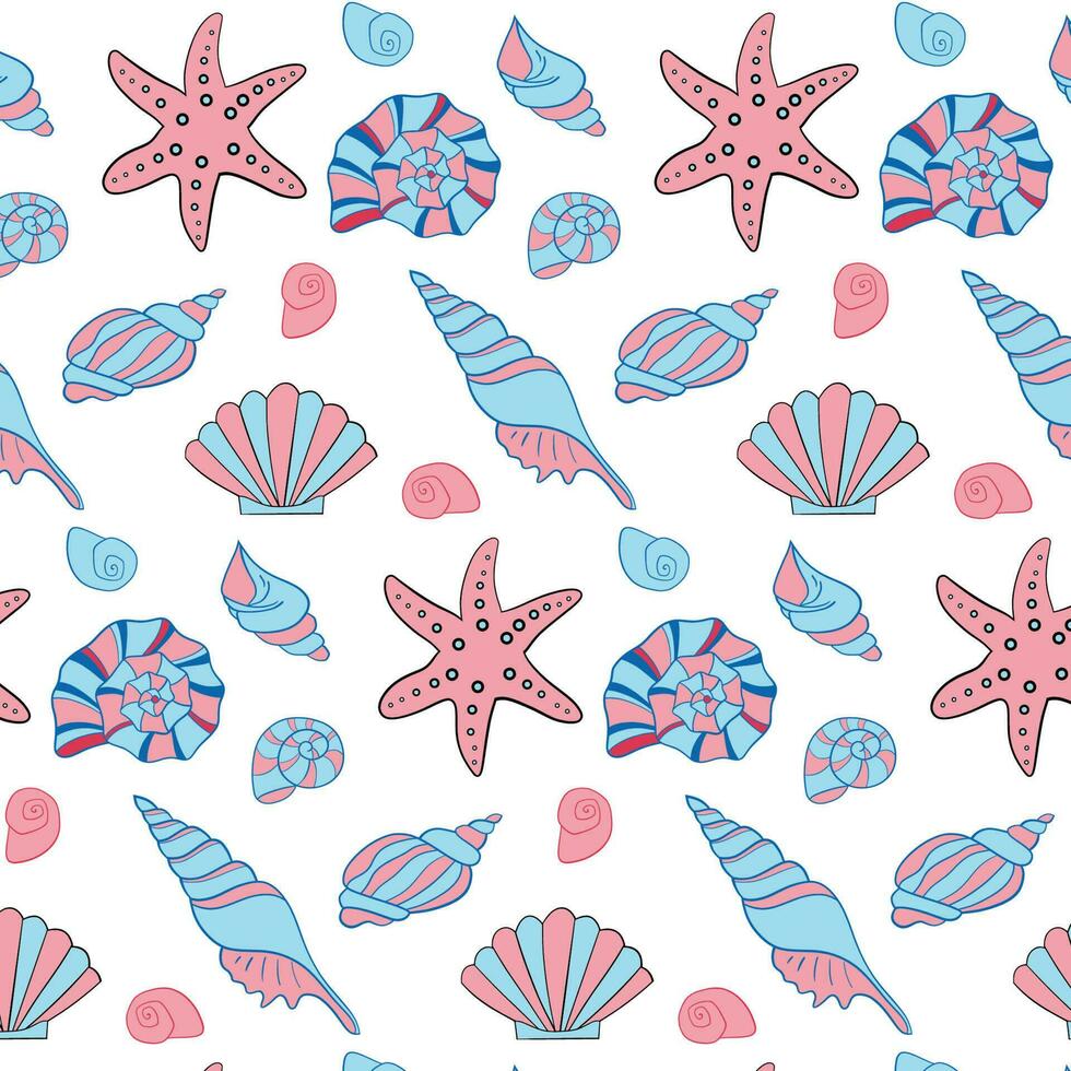 handgezeichnete Vektorgrafiken - nahtloses Muster von Muscheln. Meereshintergrund. perfekt für Einladungen, Grußkarten, Poster, Drucke, Banner, Flyer etc vektor