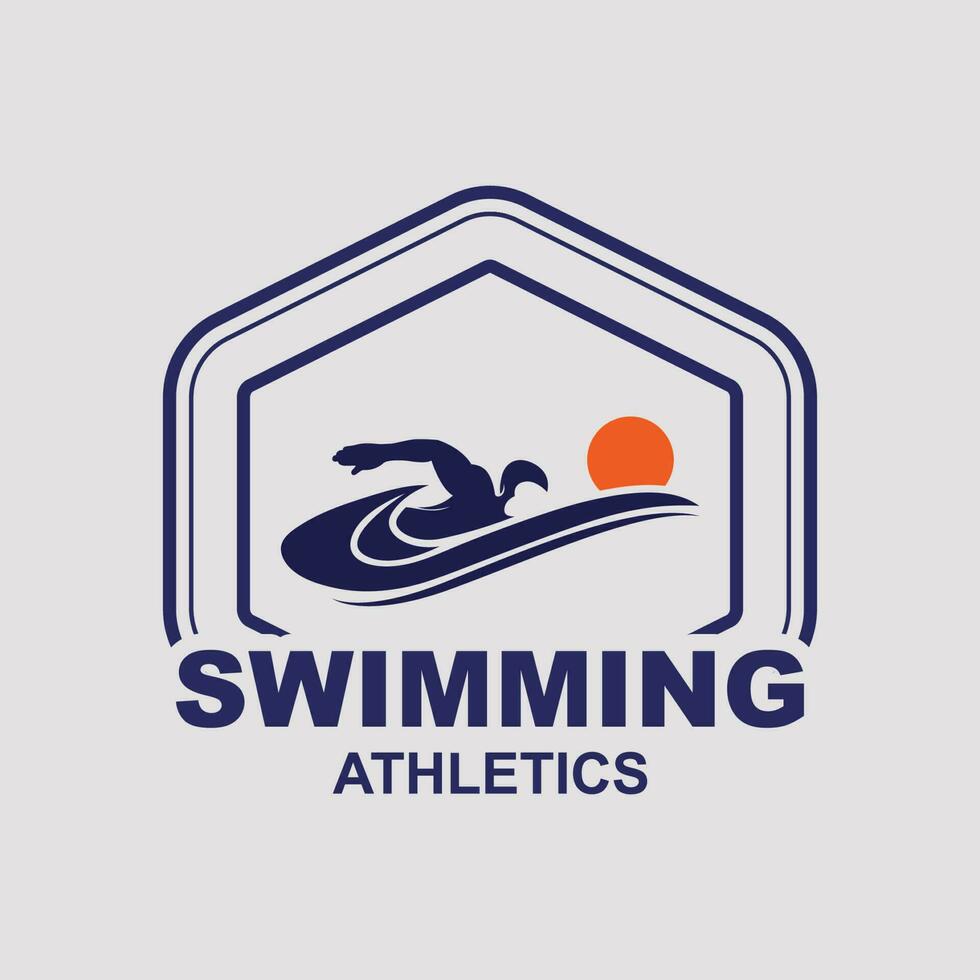 enkel simning slå samman silhuett, simmare idrottare på hav hav vatten Vinka logotyp design vektor