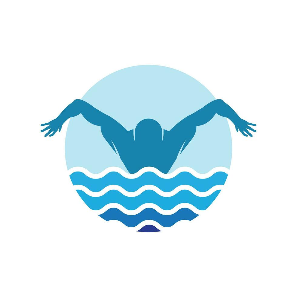 einfach Schwimmen Schwimmbad Silhouette, Schwimmer Athlet auf Meer Ozean Wasser Welle Logo Design vektor