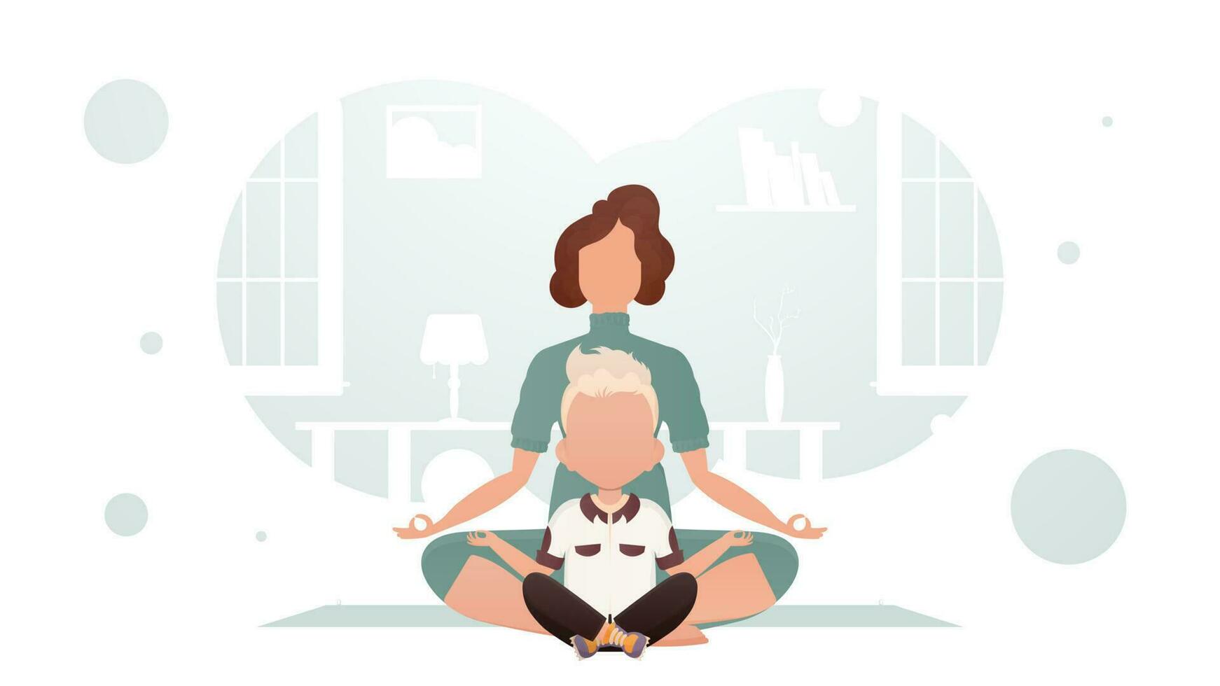 Mama und Sohn sitzen im das Lotus Position. Yoga. Karikatur Stil. vektor