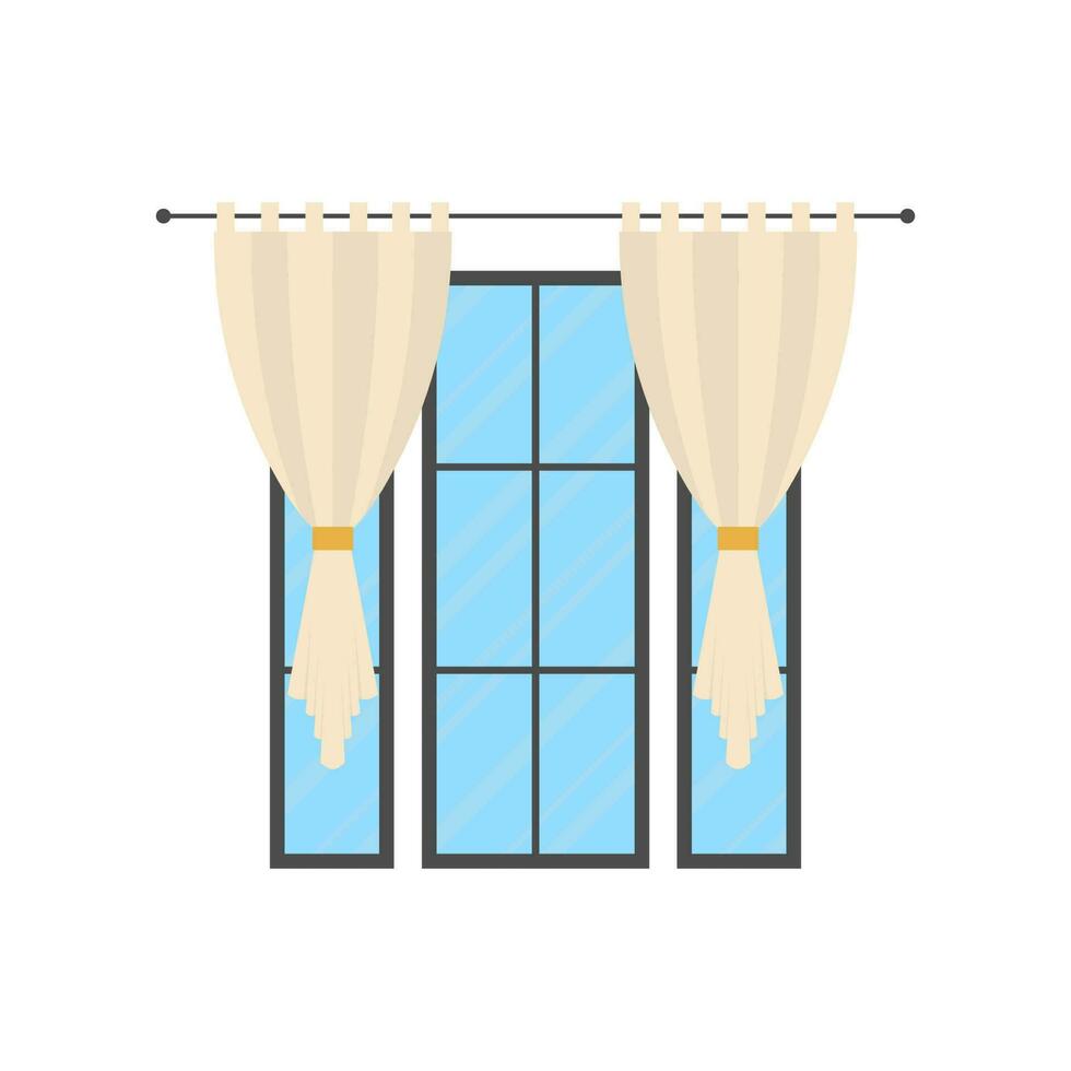 Panorama- Fenster mit ein Weiß Vorhang. isoliert Karikatur Stil. vektor
