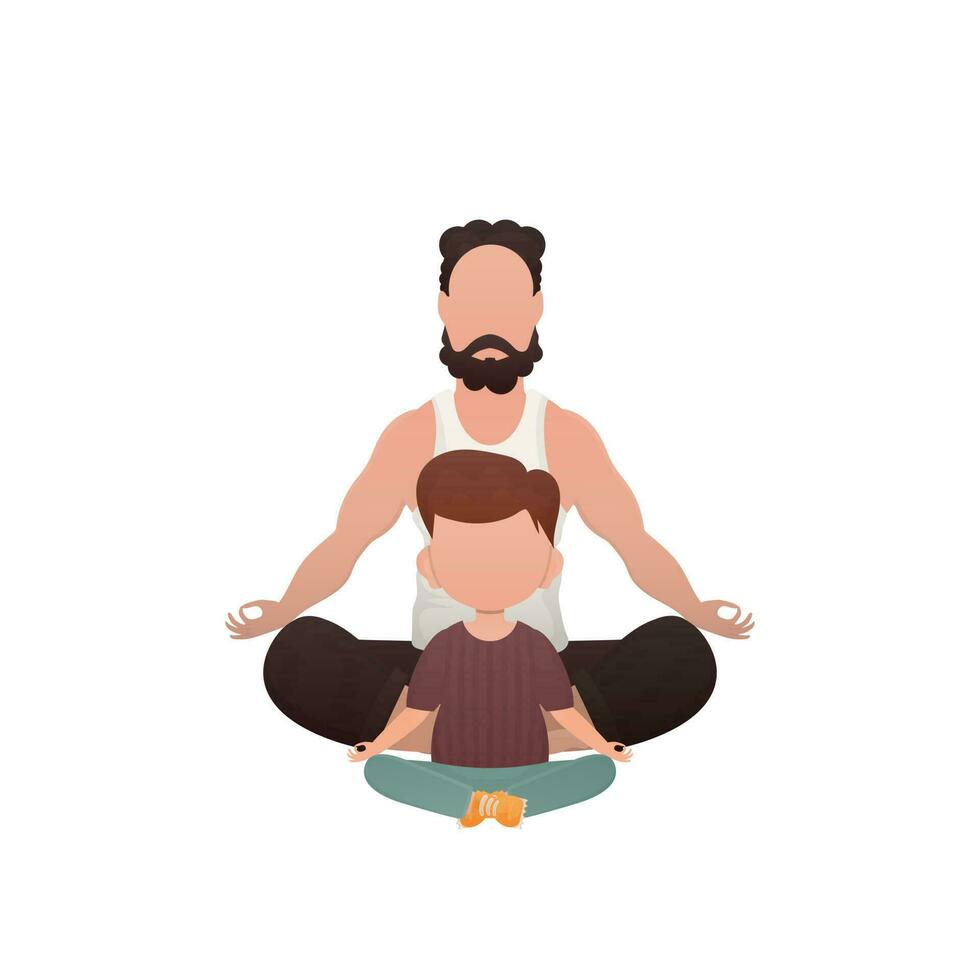 ein Mann mit ein süß Baby ist Sitzung und tun Yoga. isoliert. Karikatur Stil. vektor