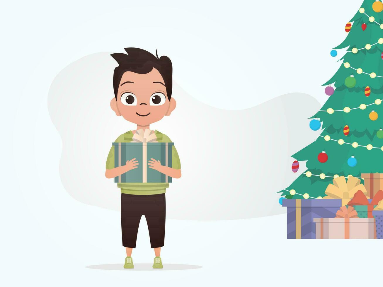 en liten pojke är innehav en gåva låda i hans händer. jul. tecknad serie stil. vektor
