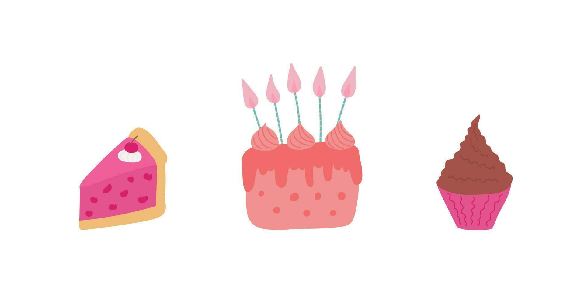 uppsättning av ritad för hand konfekt kaka med ljus, cupcake, en bit av kaka med körsbär på en vit bakgrund. för kort, illustrationer, banderoller, flygblad, inbjudningar. vektor illustration.