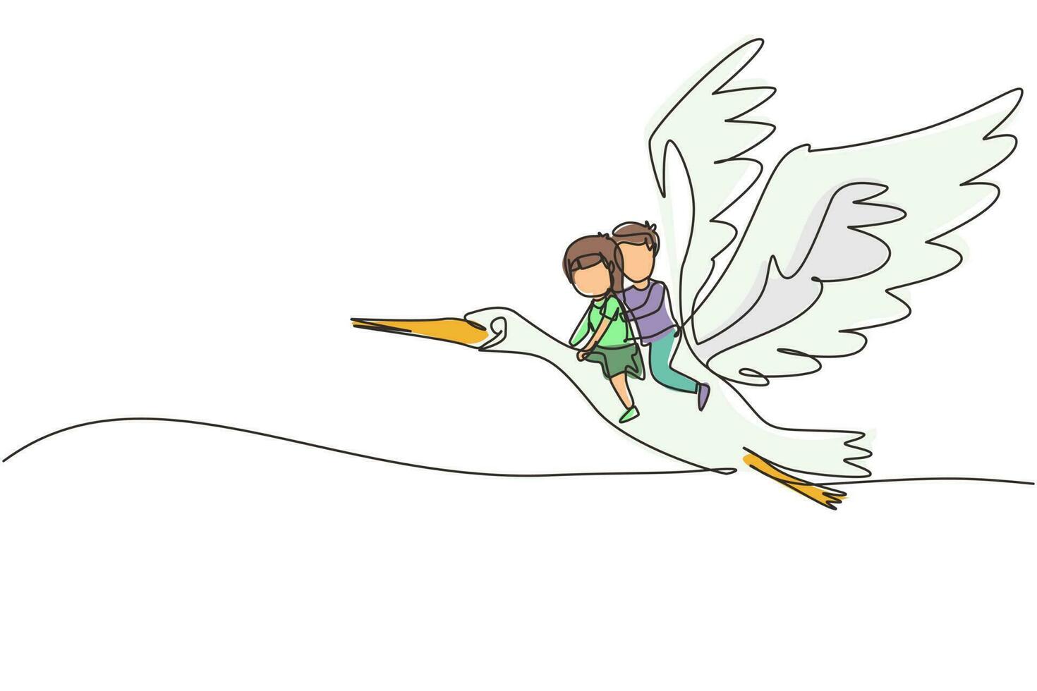 enda kontinuerlig linje ritning glad liten pojke och flicka flyger med stork tillsammans. barn flyger och sitter på ryggen stork fågel på himlen. barn som lär sig rida söt stork. en rad rita grafisk vektor