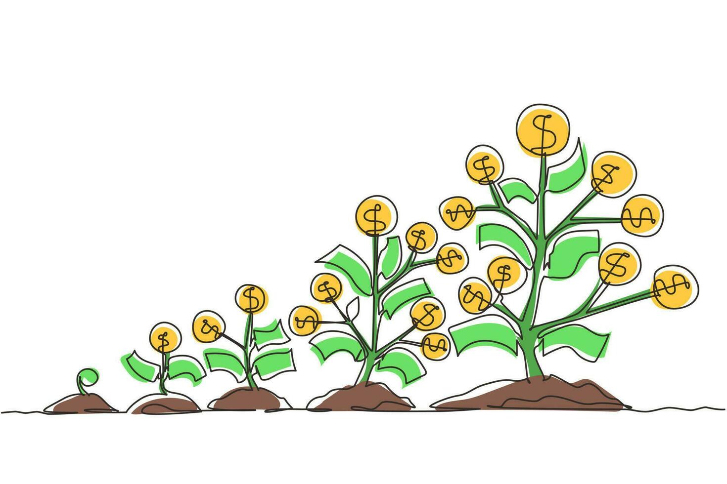 einzelne einstrichzeichnungssprossen, pflanzen, geldbäume, die symbol wachsen. Schritt von Münzstapeln, Geld, Sparen und Anlegen oder Familienplanung. moderne grafische vektorillustration des ununterbrochenen zeichnendesigns vektor