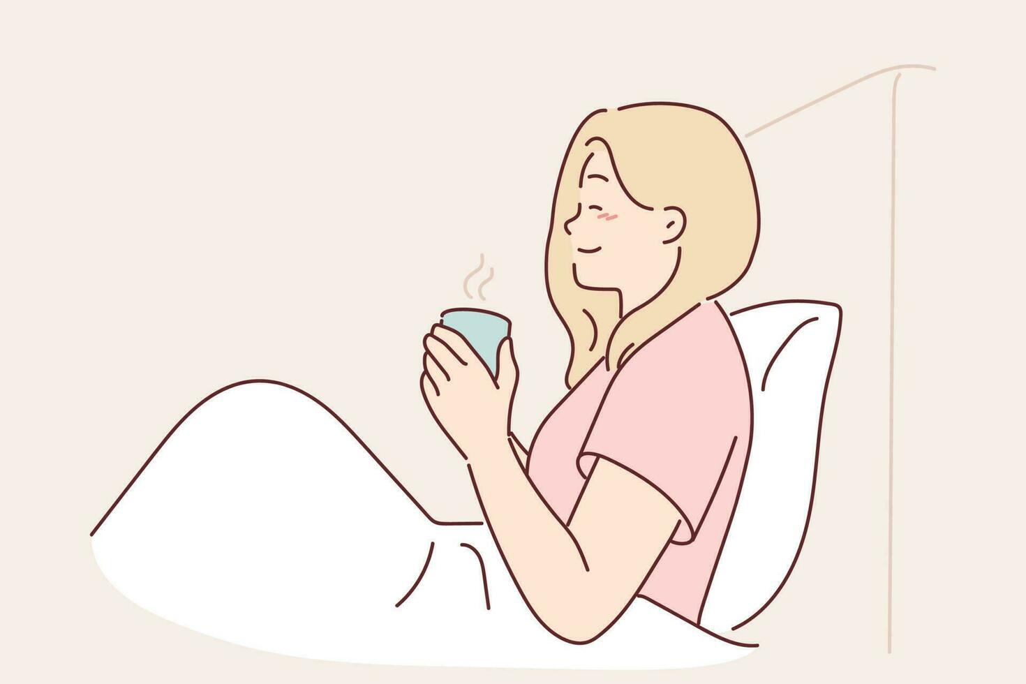 Frau ist Trinken Kaffee Sitzung im Bett unter Decke genießen Morgen Wochenende und gut Stimmung. Mädchen mit Becher von Kaffee hat Frühstück im Schlafzimmer, Getränke belebend trinken zu aufwachen oben schneller und lächelt vektor