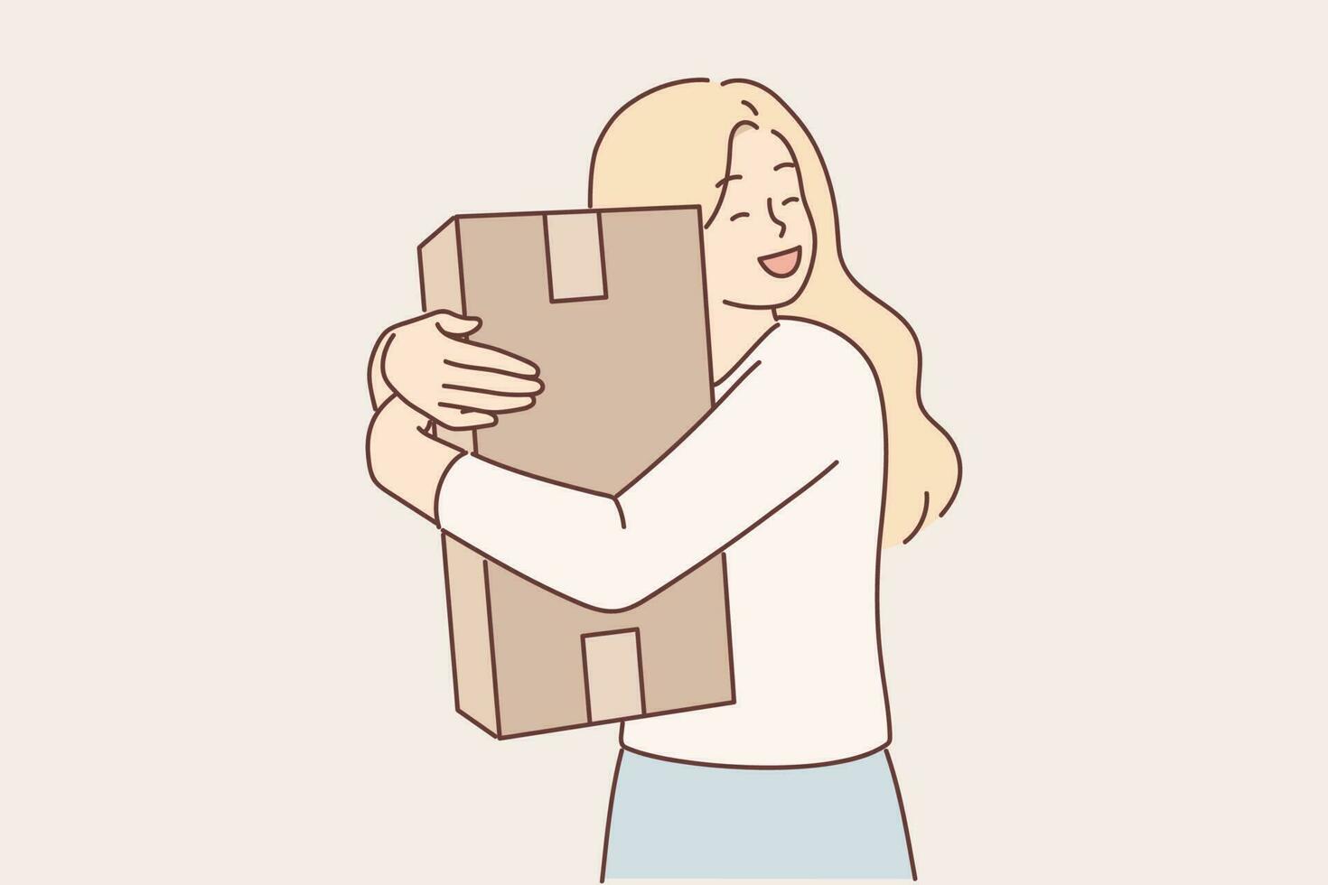 lycklig kvinna kramar kartong låda levereras förbi kurir från uppkopplad Lagra eller post service. Lycklig flicka mottagen efterlängtade paket i låda med varor beordrade i uppkopplad Ansökan vektor