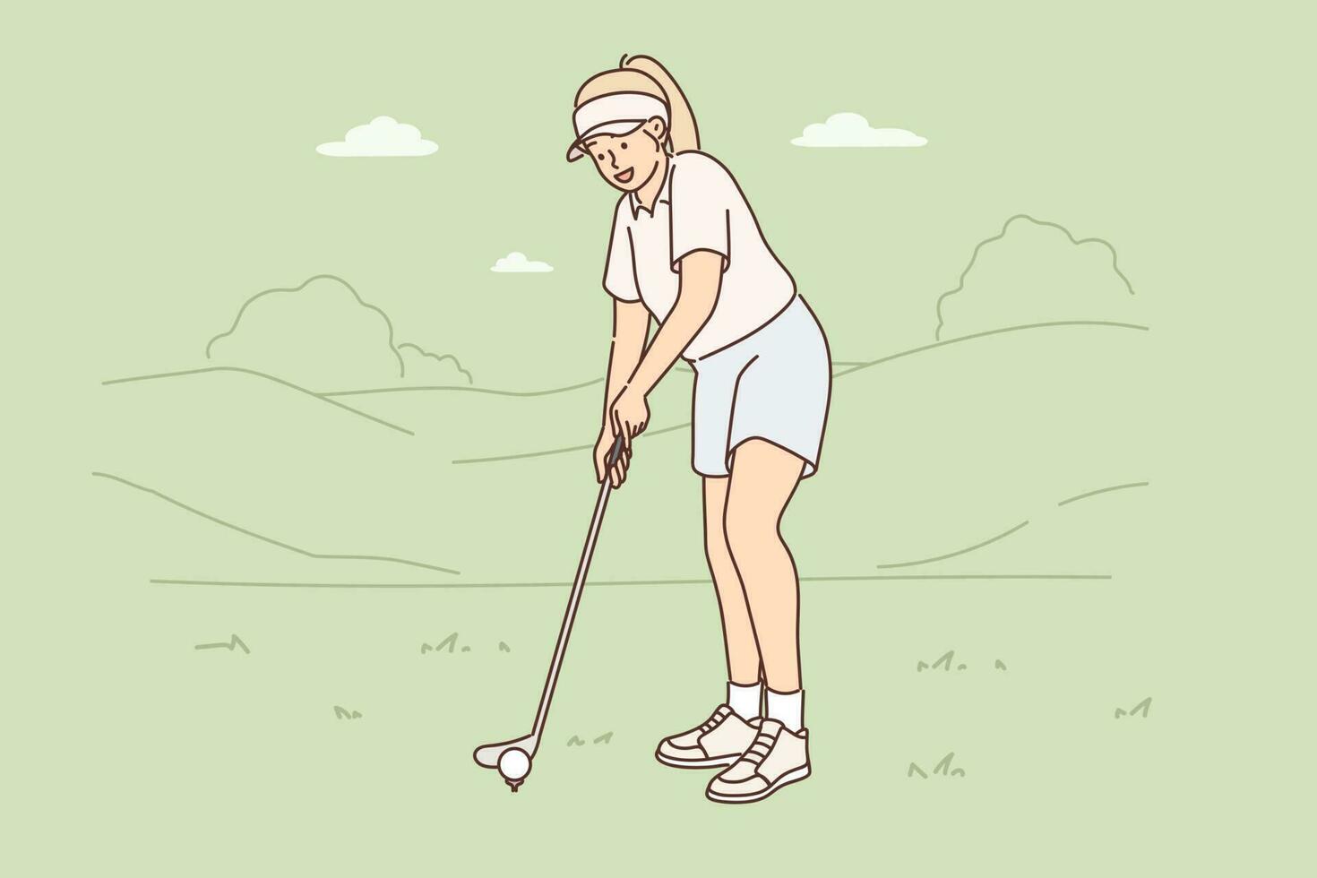 Frau ist spielen Golf auf Grün Rasen vorbereiten zu schlagen mit Verein zu stellen Ball in Loch. Mädchen nimmt teil im Fachmann Golf Turnier und will zu Sieg oder werden Champion im Wettbewerb. vektor