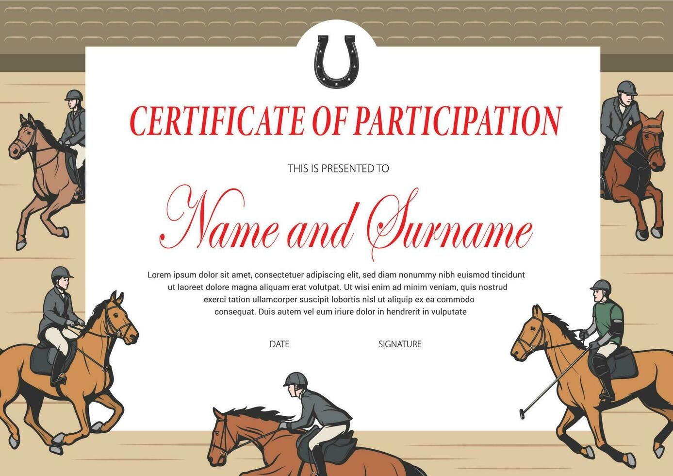 certifikat av deltagande i häst lopp diplom vektor