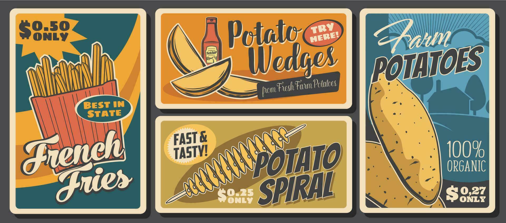 Kartoffel Essen und Mahlzeiten, Vektor Plakate mit Preis