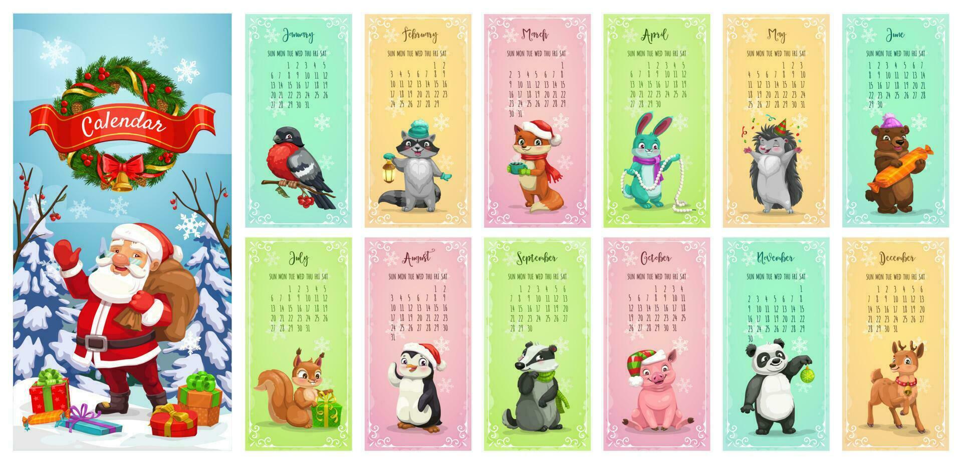 monatlich Kalender. Weihnachtsmann, Weihnachten Geschenke, Tiere vektor