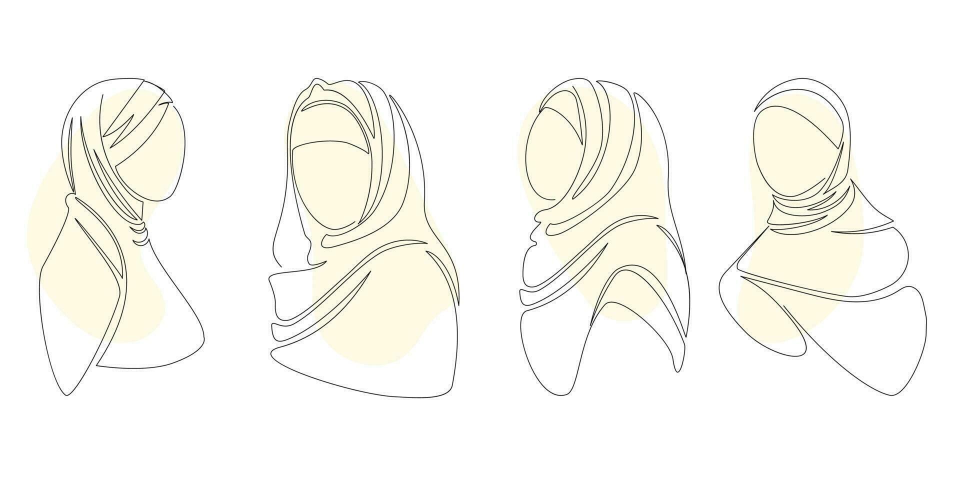 Damen Hijab im einer Linie. Optionen zum binden Kopftuch. Logo einer Linie Damen Hijab Schal. Hijab Vektor Illustration Satz.