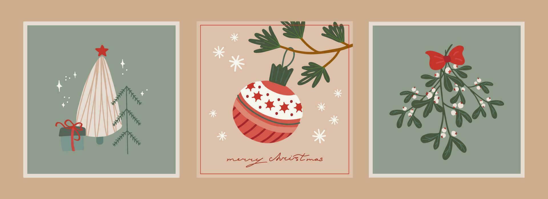 uppsättning av jul och ny år kort med hand dragen illustrationer av jul symboler i retro stil vektor
