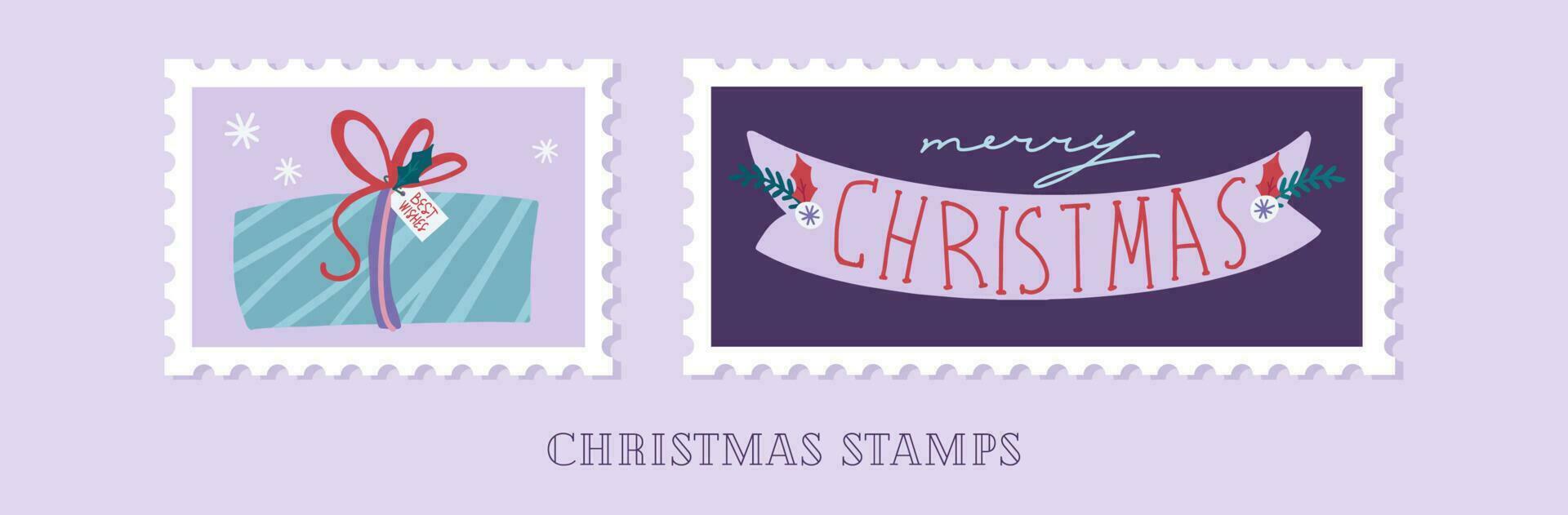Hand gezeichnet Sammlung von Weihnachten Porto Briefmarken im Karikatur Stil vektor