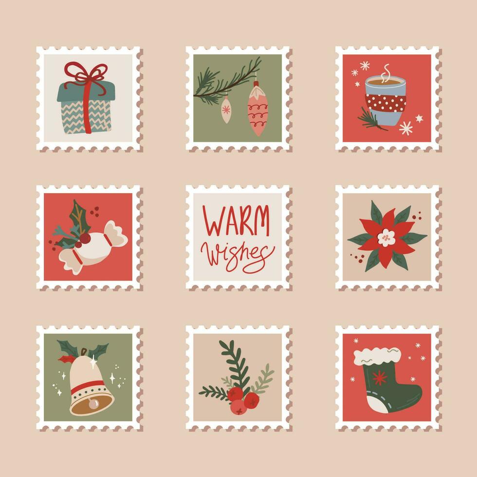hand dragen samling av jul porto frimärken i retro stil vektor
