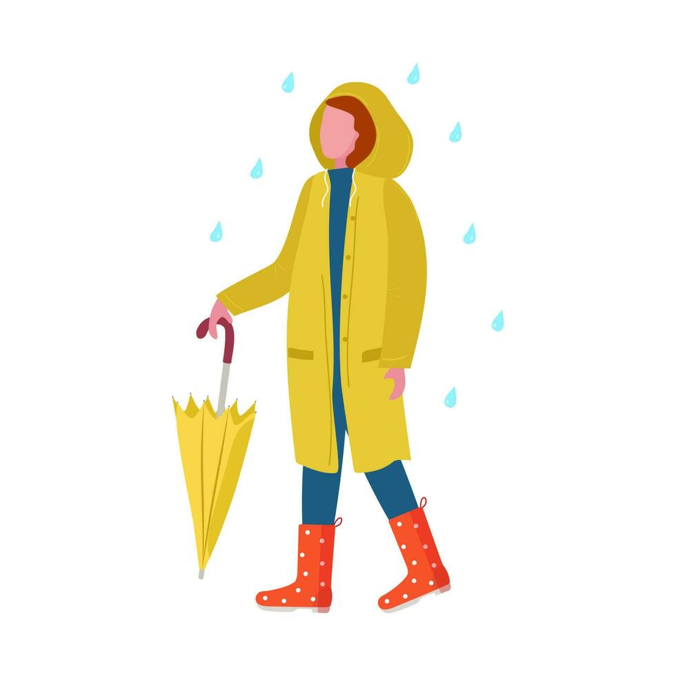 ein Mädchen im ein wasserdicht Regenjacke, Gummi Stiefel und ein Regenschirm. ein jung Frau auf ein gehen. Regentropfen, Steigung Wetter, Schutz von Regen. Tropfen von Wasser. geschlossen Regenschirm. Vektor Illustration.