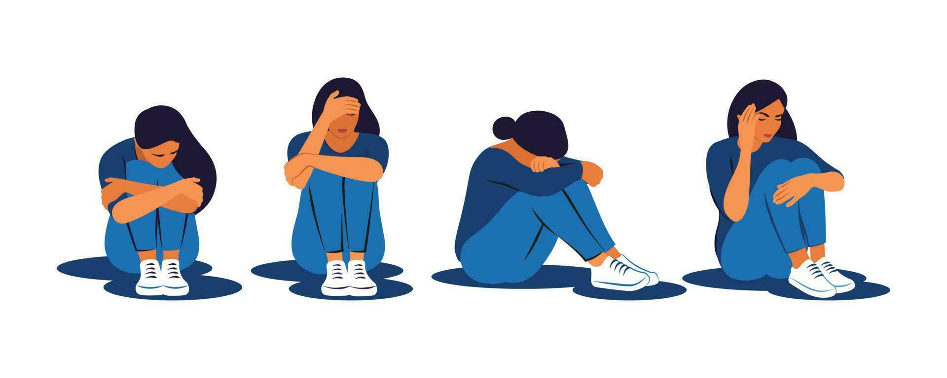 kvinnor med mental hälsa problem. ledsen kvinnor i förtvivlan. depression tecken och symptom. påfrestning och ensamhet. vektor illustration.