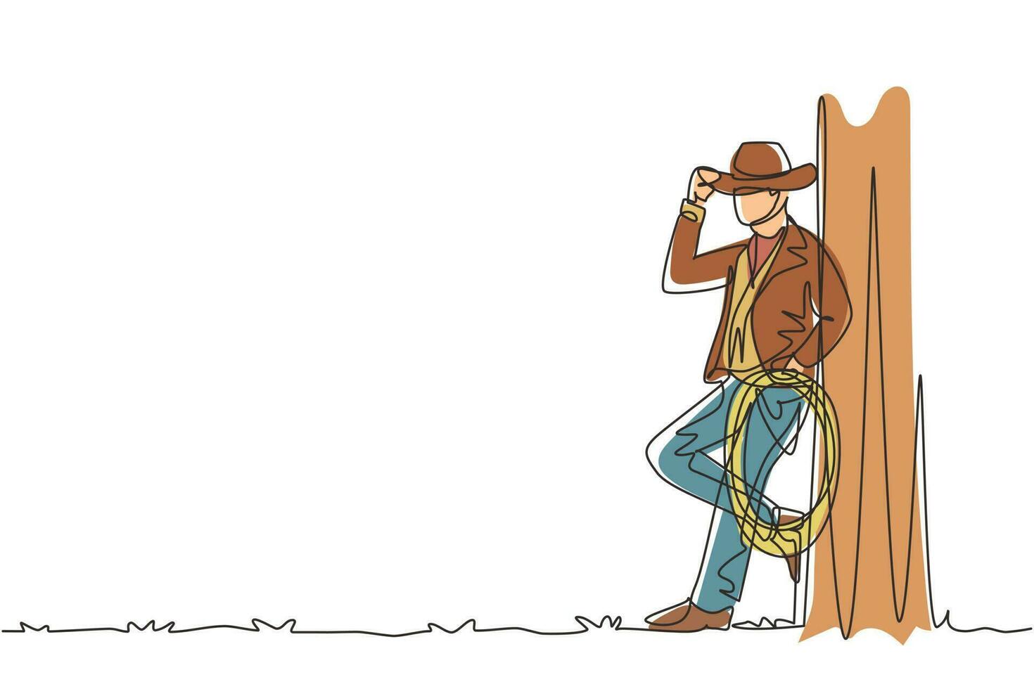 einzelne einzeilige zeichnung westlicher entspannender mann mit cowboyhut und lasso. amerikanischer cowboy-lebensstil bei viehpferd am abend. moderne grafische vektorillustration des ununterbrochenen zeichnendesigns vektor