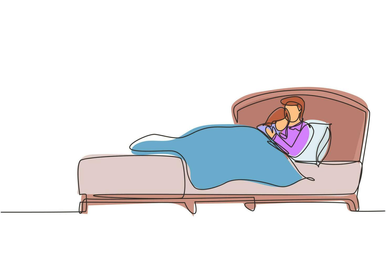 einzelne durchgehende linie, die ehefrau und ehemann umarmt und auf dem bett liegt. Süßes Paar, das während der Nachtruhe zusammen im Bett schläft. romantisches Paar, das sich nachts ausruht. eine linie zeichnen grafikdesignvektor vektor
