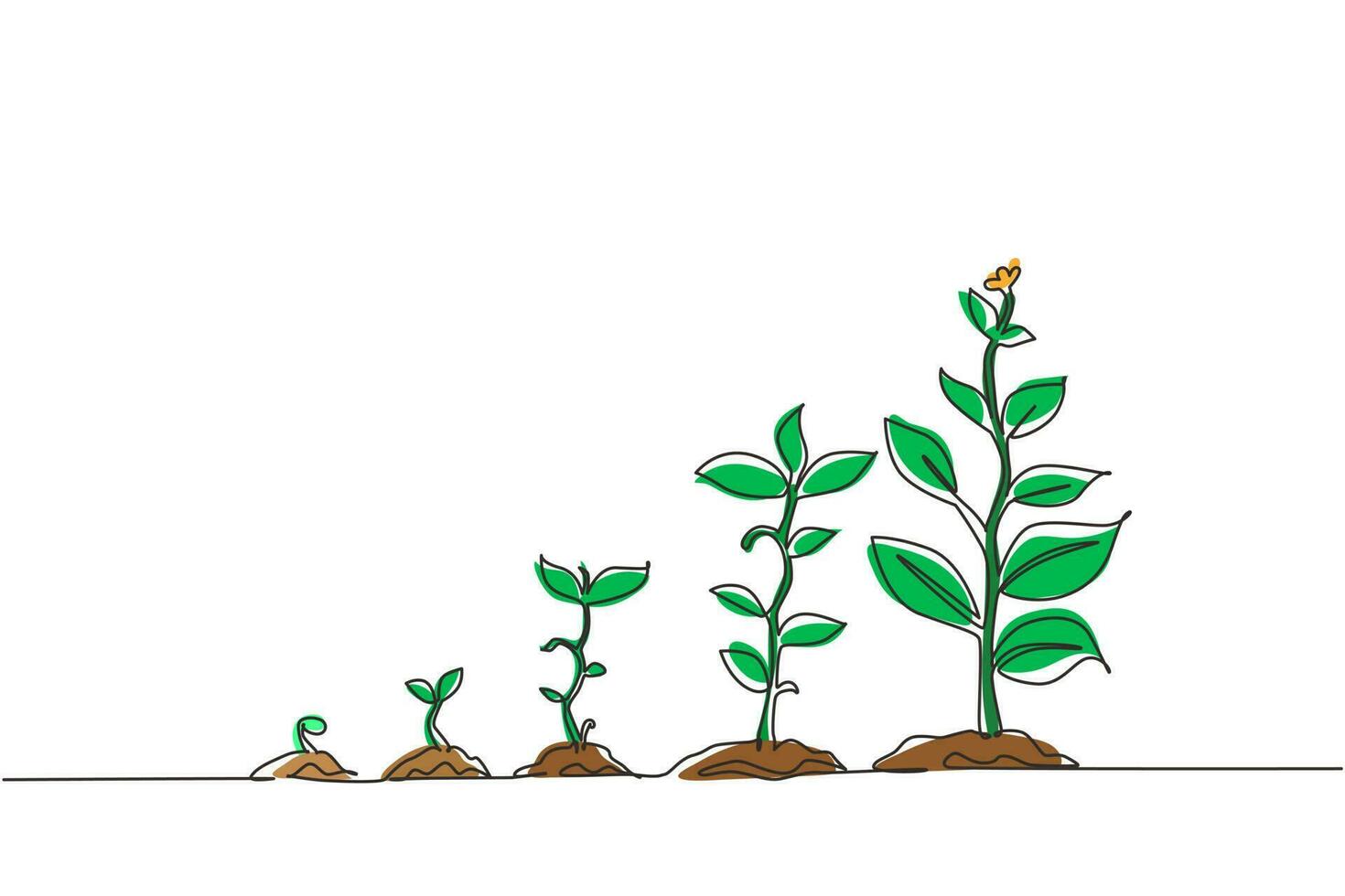 kontinuerlig en rad ritning infographic av plantering träd. frön spirar i marken. fröplanta trädgårdsväxt. groddar, växter, träd växande ikoner. enda rad rita design vektorgrafisk illustration vektor