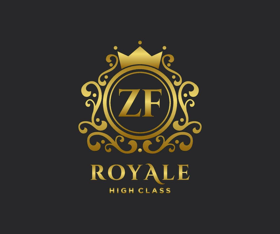 gyllene brev zf mall logotyp lyx guld brev med krona. monogram alfabet . skön kunglig initialer brev. vektor