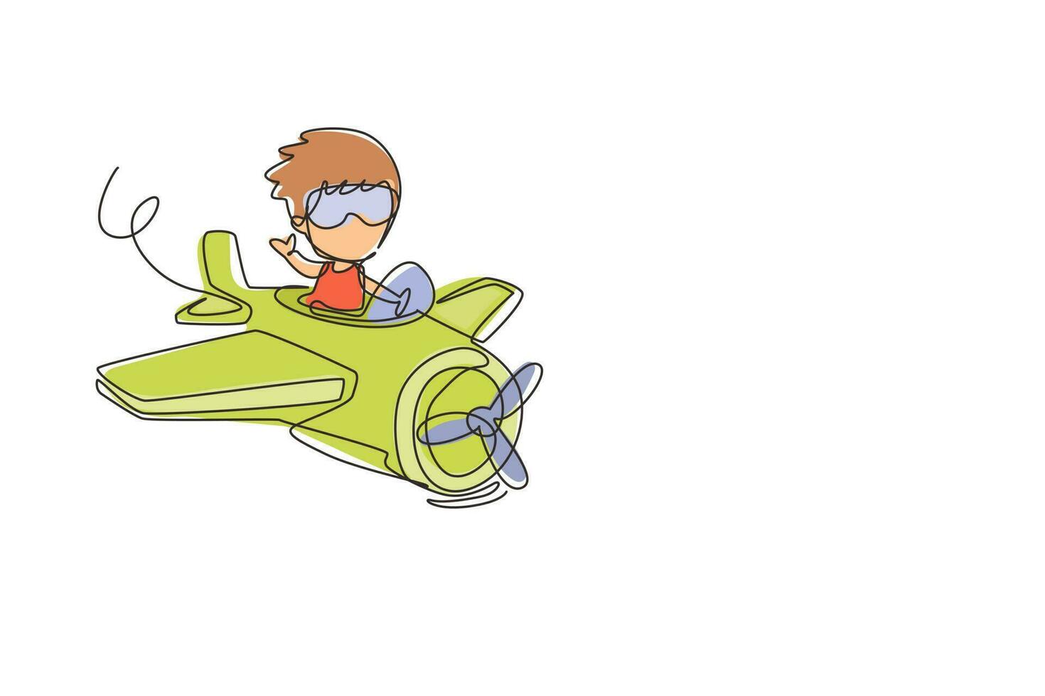 fortlaufende einzeilige zeichnung kleiner junge, der flugzeug betreibt. Kinder fliegen im Flugzeug. Fröhliches lächelndes Kind, das Flugzeug wie ein echter Pilot fliegt und vom Pilotenberuf träumt. einzeiliger Entwurfsvektor vektor