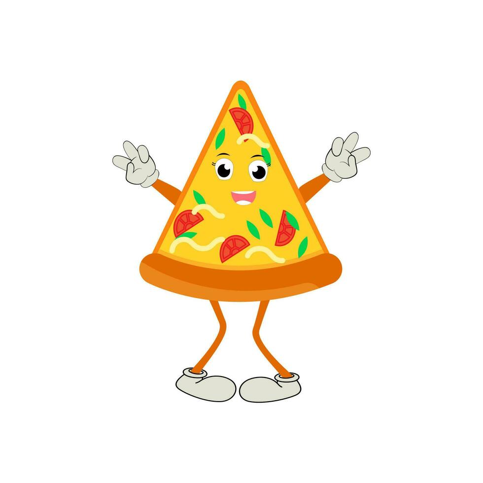 Pizza Karikatur Charakter, modern Vektor Vorlage einstellen von Maskottchen Illustrationen. Essen Objekt Symbol Konzept isoliert Prämie Vektor.