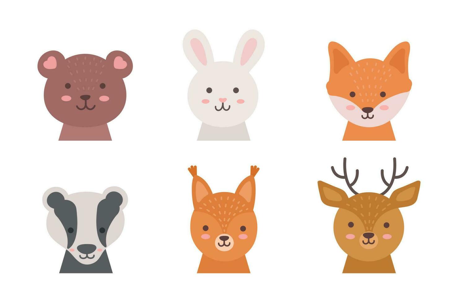 Karikatur süß Wald Tiere zum Kinder- Gruß Karten und Einladungen. Vektor Illustration. Fuchs, tragen, Hase, Eichhörnchen, Reh, Dachs.