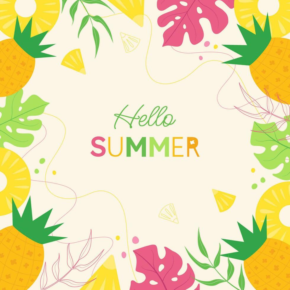 Hallå, sommar. ljus sommar vykort, en affisch med ananas och tropisk löv. solig, gul bakgrund med exotisk frukt och handflatan löv. baner, affisch, mall. vektor