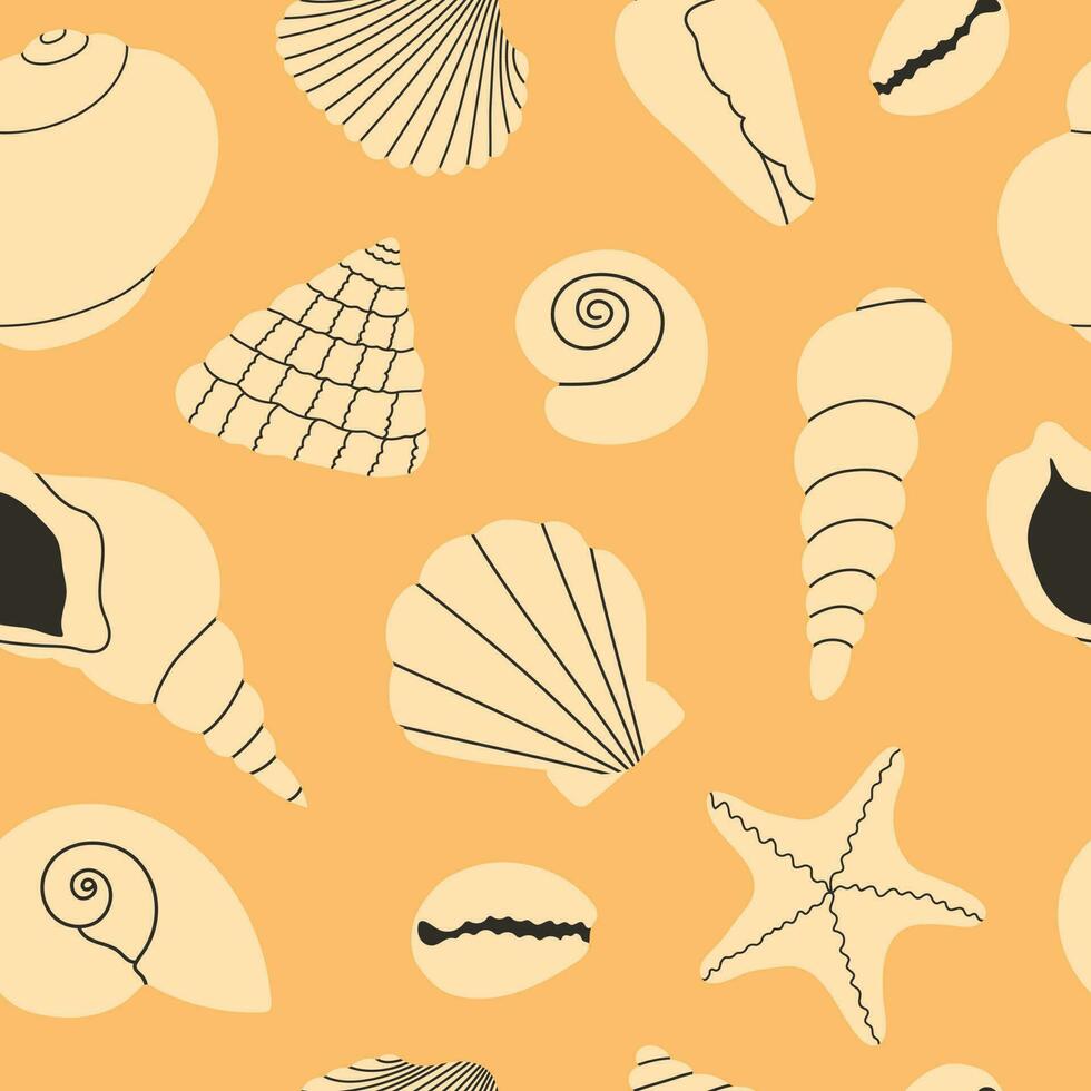 nahtlos Vektor Muster mit Muscheln und Seesterne. Hand zeichnen verschiedene Muscheln auf ein tropisch Strand. einfarbig Muster. Sommer- Marine Tier Hintergrund Design. Ferien Reise Konzept.