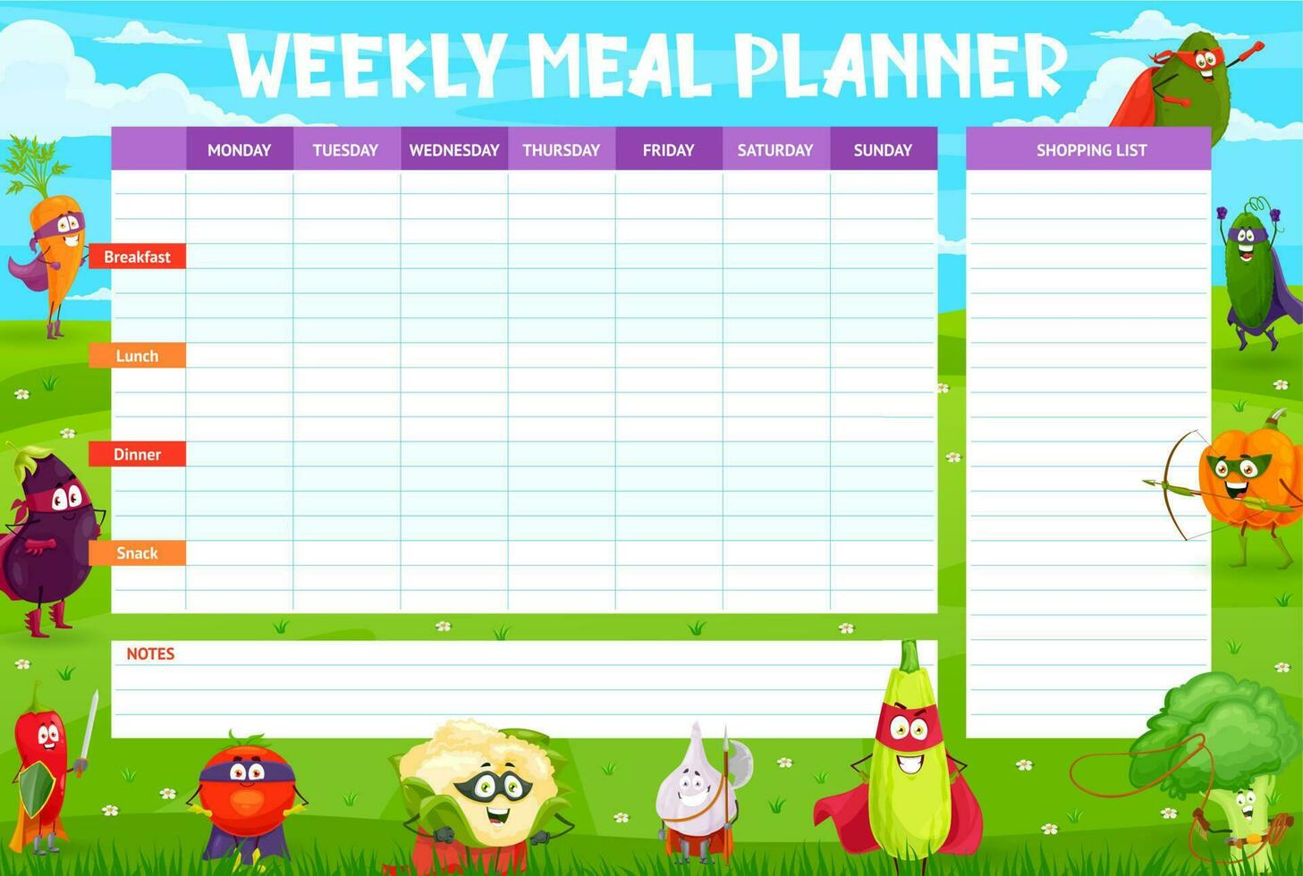 varje vecka måltid planerare schema, vegetabiliska superheroe vektor