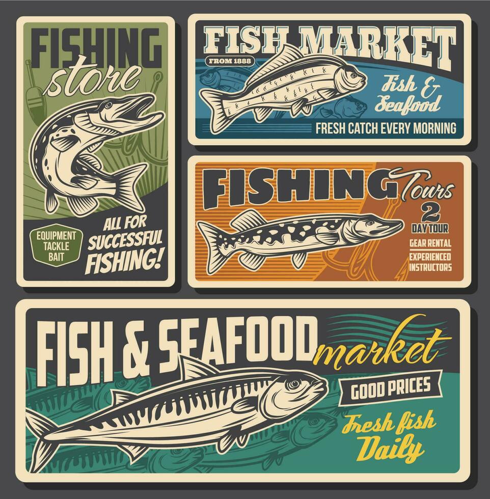 Angeln Ausrüstung speichern, Meeresfrüchte und Fisch Markt vektor