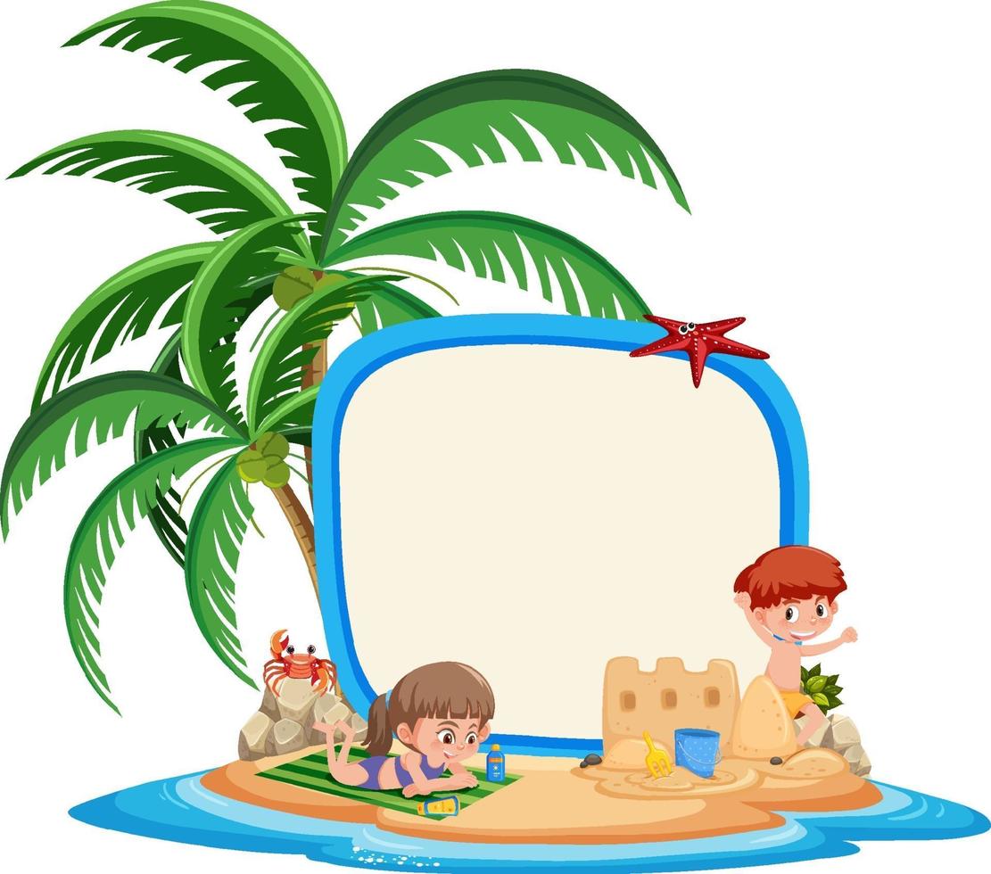 Tom banner mall med barn karaktär på sommarsemester på stranden på vit bakgrund vektor