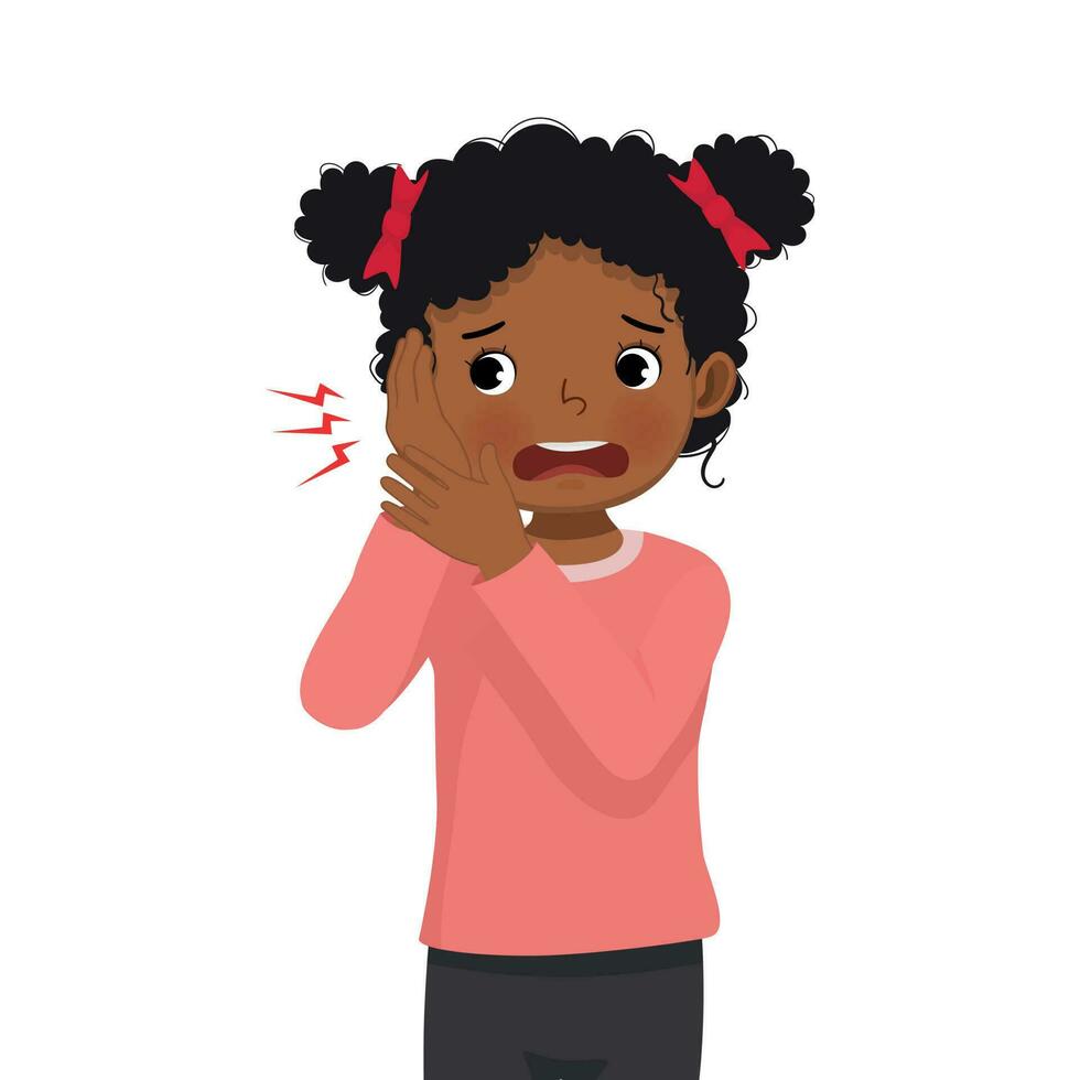süß wenig afrikanisch Mädchen hat Ohrenschmerzen halten ihr Ohr weil von Infektion, Entzündung, Gefühl schmerzlich Innerhalb vektor