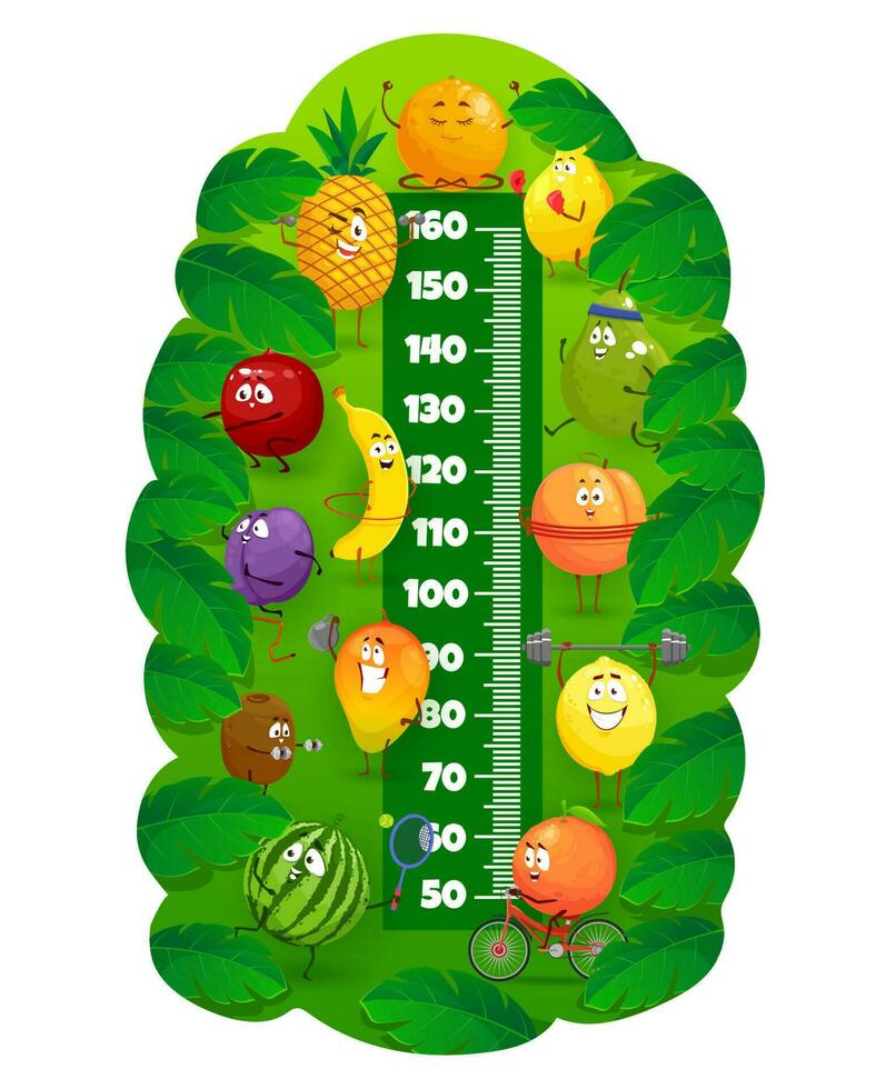 Lycklig tecknad serie frukt på kondition, barn höjd Diagram vektor