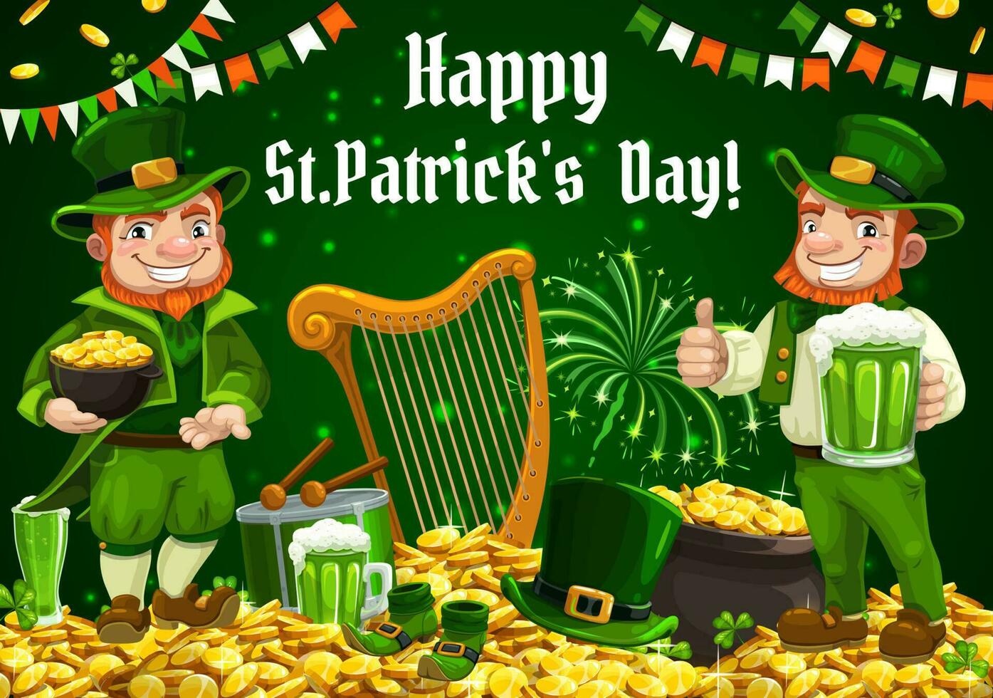 Patricks Tag irisch Kobold mit Bier und Gold vektor