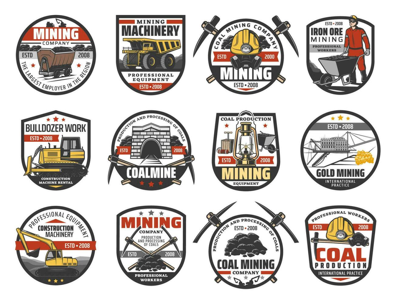 Kohle Bergbau Industrie Ausrüstung und Werkzeuge Symbole vektor
