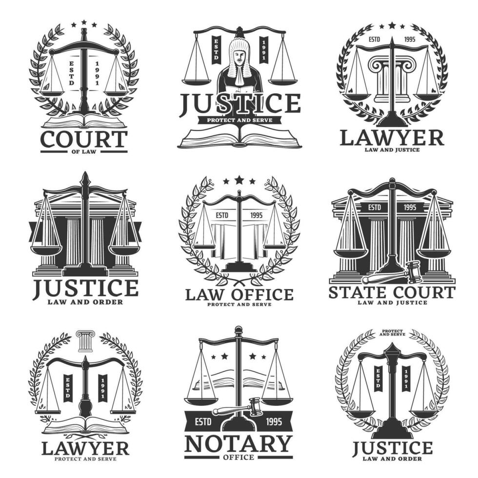 lag domstol, advokat och notarius publicus kontor service ikoner vektor
