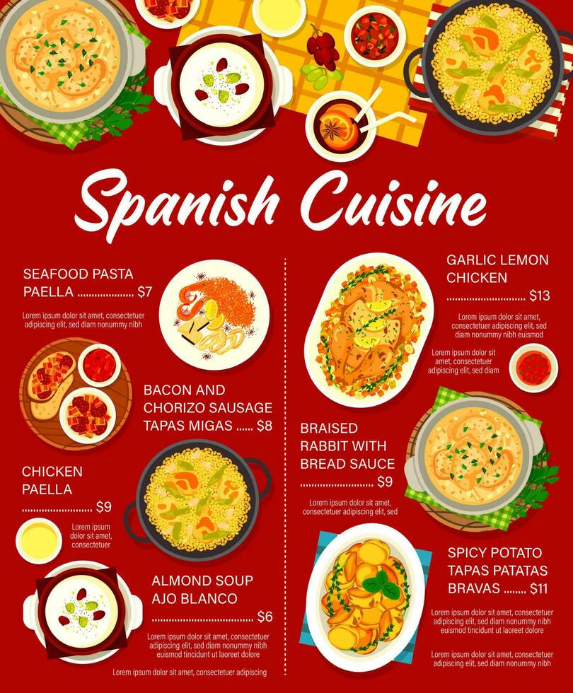 Spanisch Küche Vektor Speisekarte Spanien Mahlzeiten Preis aufführen