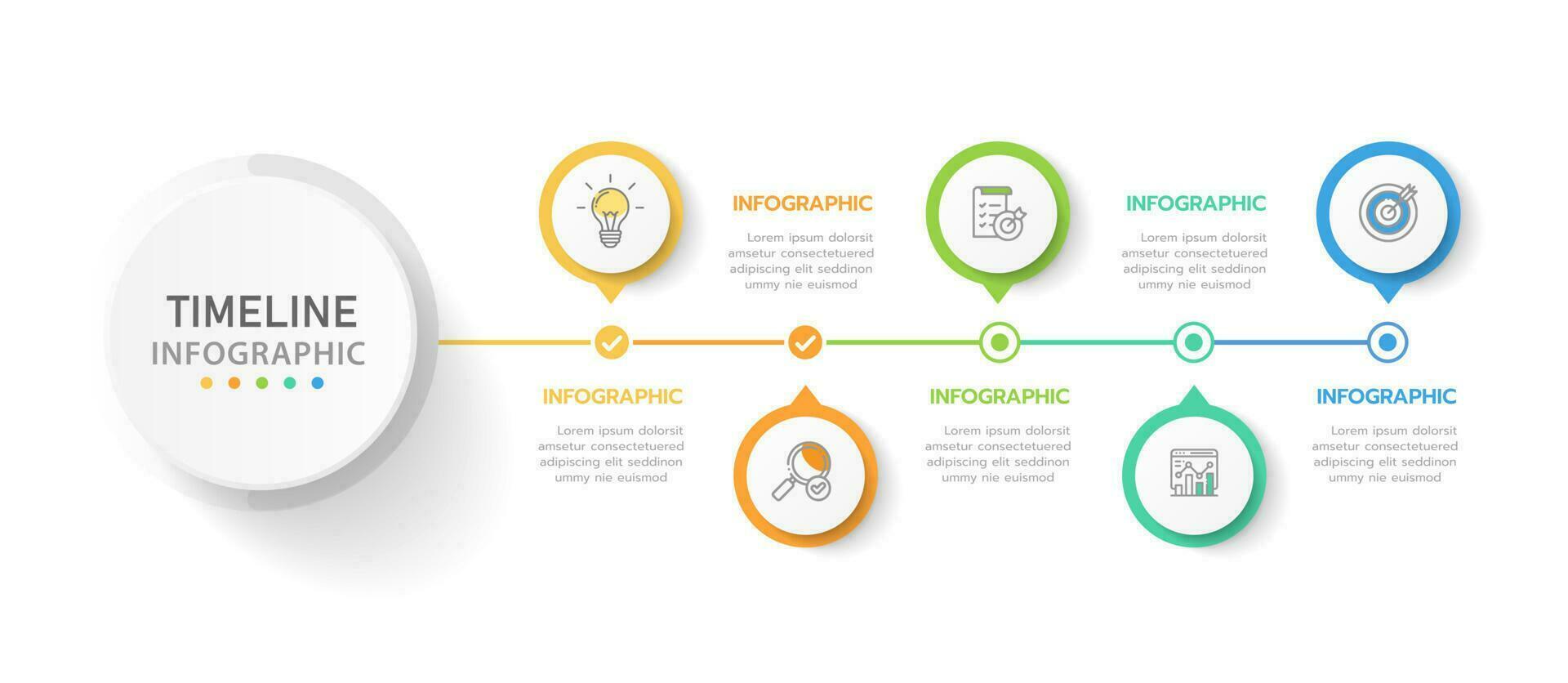 Infografik Vorlage zum Geschäft. 5 Schritte modern Zeitleiste Diagramm Roadmap mit Kreis Thema Diagramm, Präsentation Vektor Infografik.