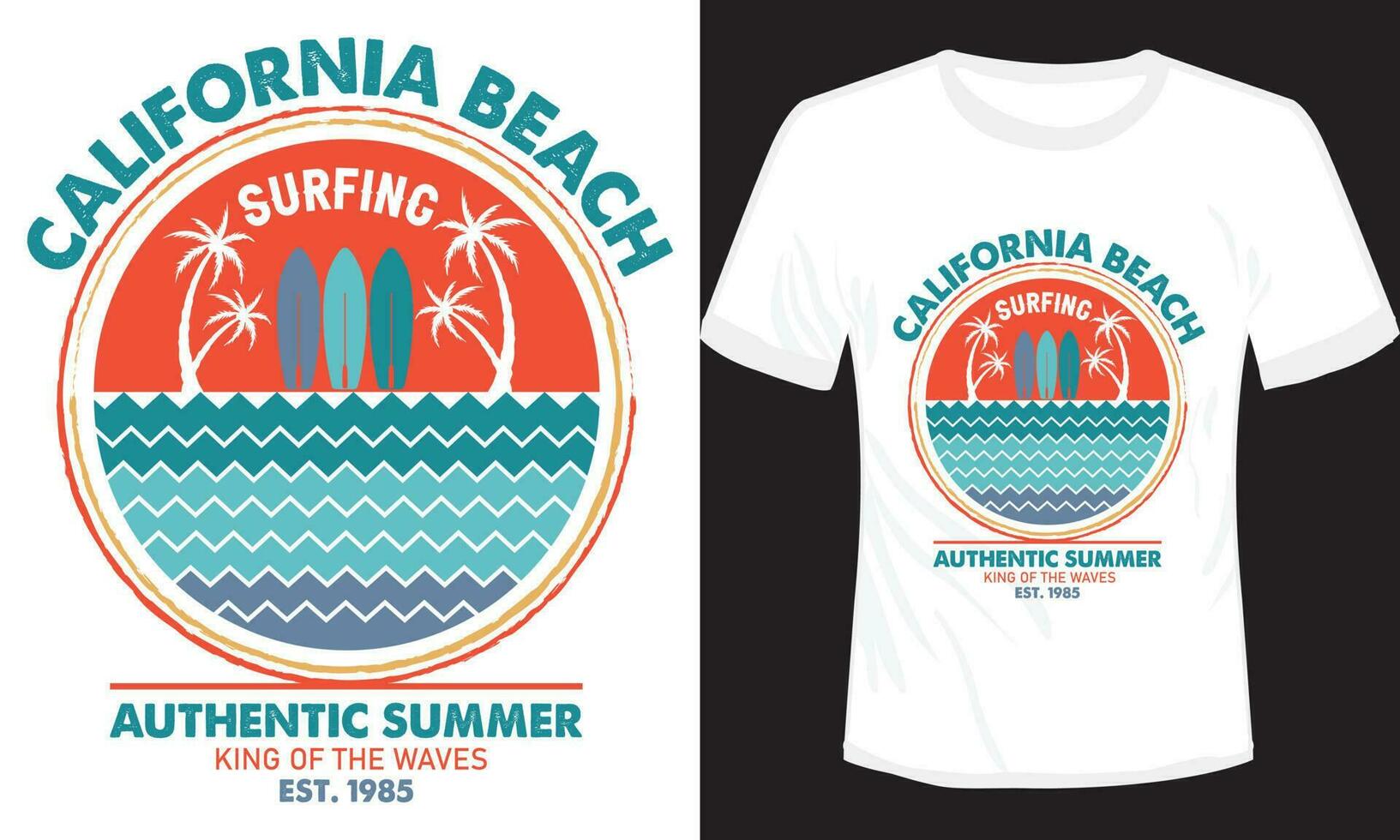 Kalifornien Strand Surfen authentisch Sommer- T-Shirt Vektor Jahrgang Illustration, T-Shirt Vektor Design von Surfbrett T-Shirt