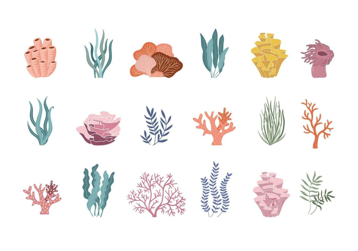 modisch Koralle Riff und Pflanzen Vektor Satz. unter Wasser Ozean Flora eben Symbole. Aquarium Algen, Laminaria, Seetang Wasser Leben isoliert auf Weiß Hintergrund.