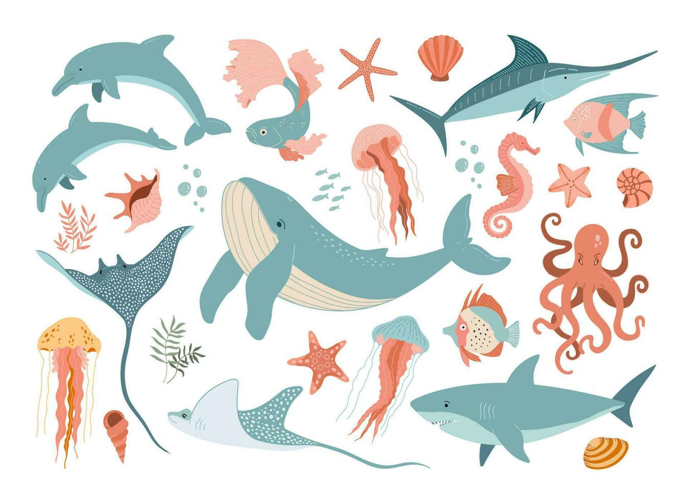 einstellen mit Hand gezeichnet Meer Tiere und Elemente. Delfine, Fisch, Hai, Qualle, Krake, Wal, Muscheln, Seetang und Korallen isoliert auf Weiß Hintergrund. schön unter Wasser Welt im eben Stil. vektor