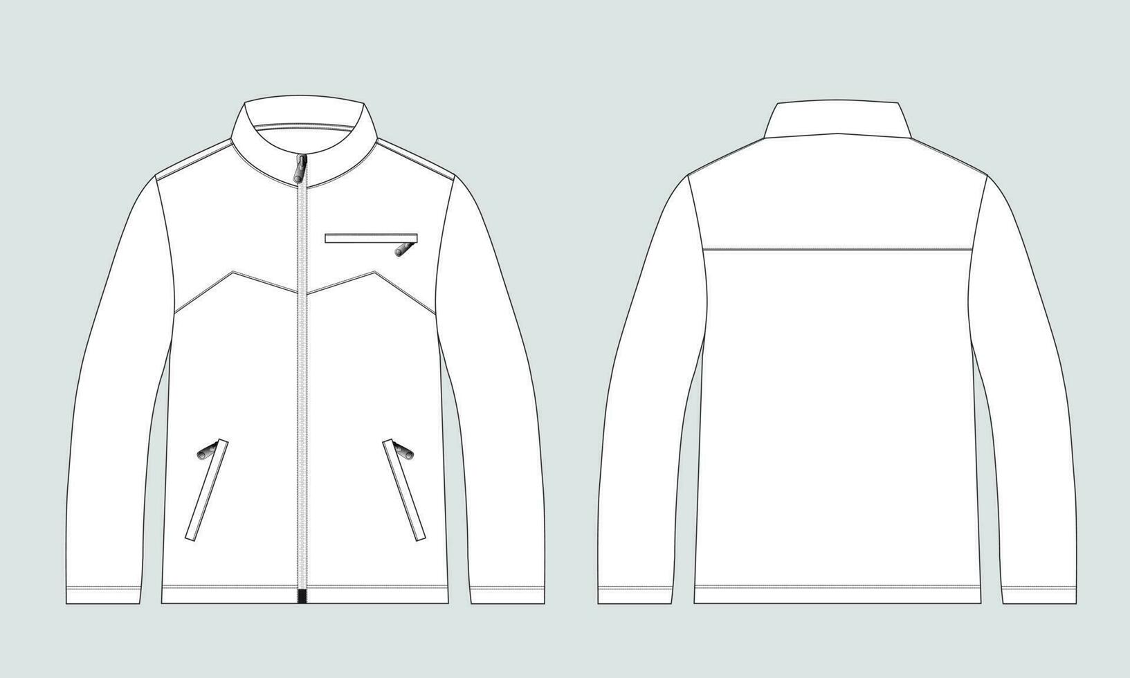 lange Ärmel Reißverschluss mit Tasche Trainingsanzüge Jacke Sweatshirt technisch Mode eben skizzieren Vektor Illustration Vorlage Vorderseite und zurück Sicht.